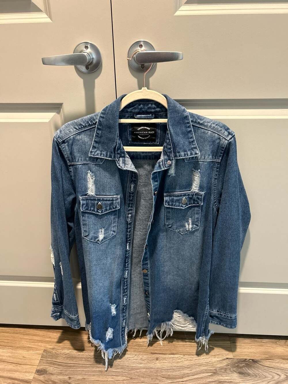 American Bazi Distressed Raw Hem Denim Shacket
